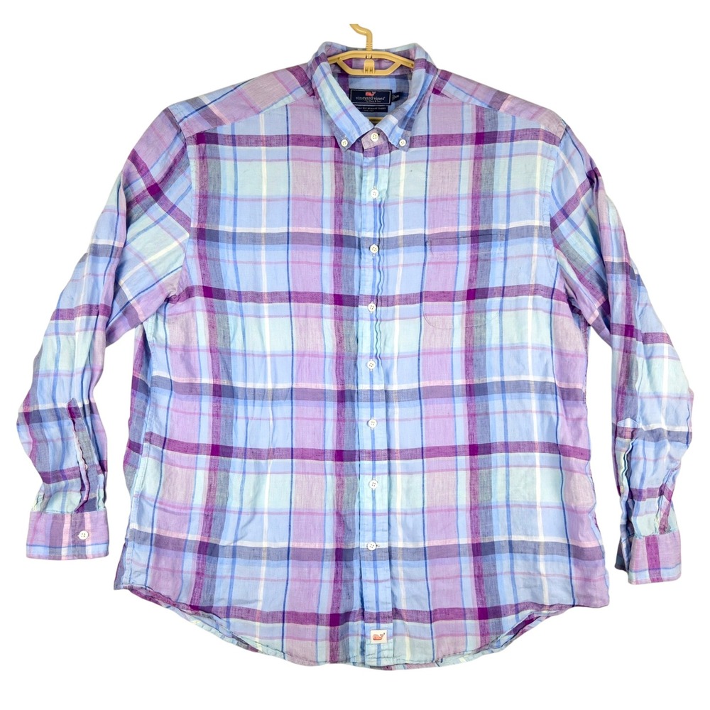 Vineyard Vines Linen Murray‎ Shirt Plaid Button Down Long Sleeve XXL